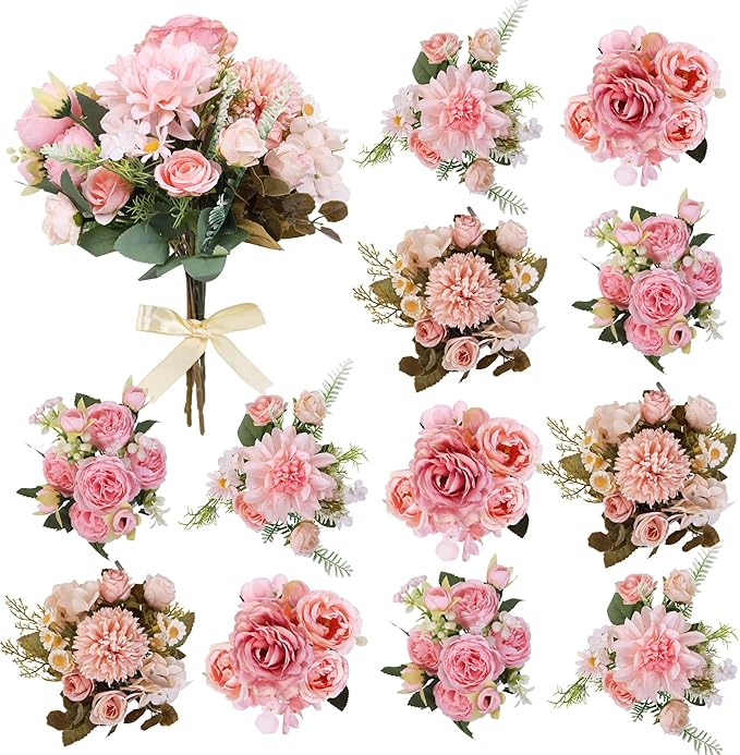Bulk 12 Bundles Artificial Peonies Flowers, Silk Roses, Faux Dahlias & Chamomile in Hydrangea Bouquet for Vase Filler, Wedding Centerpiece, Home Party Decor