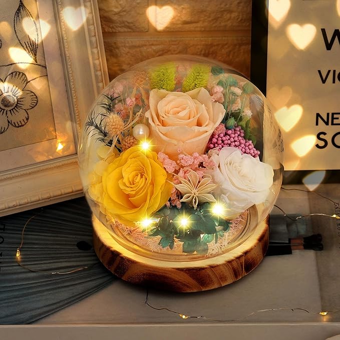 Eternal Rose Flowers, Unique Rose Preserved Flower Rose Gifts in Glass Dome for Women, Mom, Girlfriend,Home Decor Gifts for Birthday, Anniversary, Christmas, Wedding.
