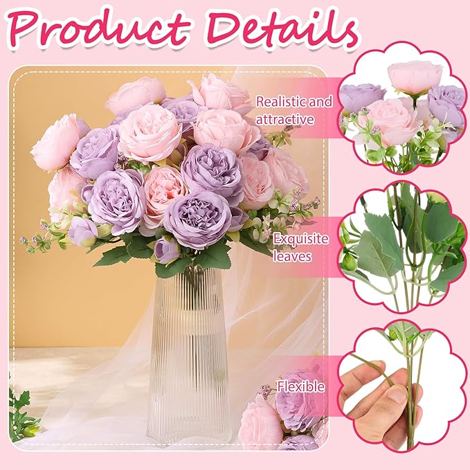 Olgaa 12 Bundles Peonies Artificial Flowers Artificial Peonies Silk Flowers Bulk Fake Peony Bouquet for Bridal Shower Decorations Wedding Table Centerpiece (Pink Purple)