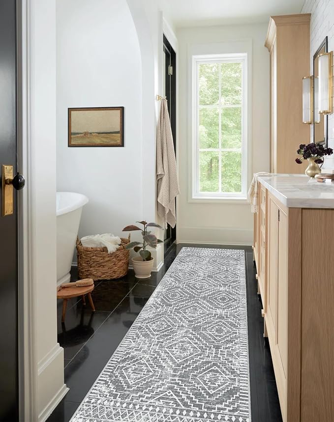 Wonnitar Washable Rug Runner for Kitchen, 2'6"x10' Moroccan Extra Long Runner Rugs for Hallways, Boho Non-Shedding Low Pile Floor Carpet Runner for Entryway Living Room (Silver Grey,2'6"x10')