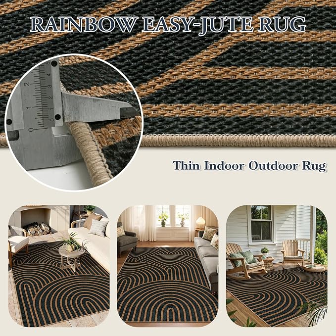 Lahome Modern Rainbow Easy Jute Carpet, Washable 5x7 Area Rugs for Living Room Black Farmhouse Dining Room Rug, Contemporary Natural Throw Mat Non Slip Floor Carpet for Office RV Patio