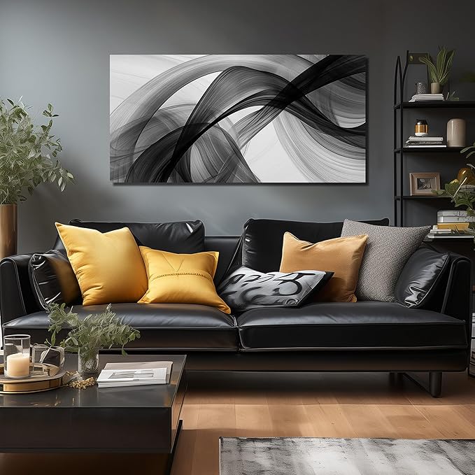 JuhaiArt Abstract Wall Art Large Black Picture Wall Decor White Canvas Art Modern Minimalist for Living Room Office 24"x 48" Monochrome Artwork
