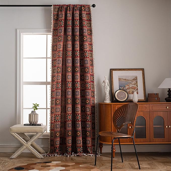 ENJOYBRIDAL Patchwork 96 Inch Curtains for Living Room Boho Drapes Bedroom Jacquard Bohemian Long Window Curtains 2 Panel Sets Semi Sheer Rod Pocket Red Cute Geometric Patterned Window Treatments