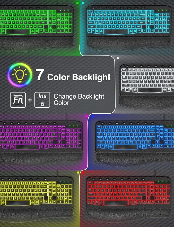 SABLUTE Ergonomic Keyboard, USB Wired with Cushioned Wrist & Palm Rest, 7-Color Backlit Adjustable Brightness for Windows, macOS, Desktop, Laptop & PC