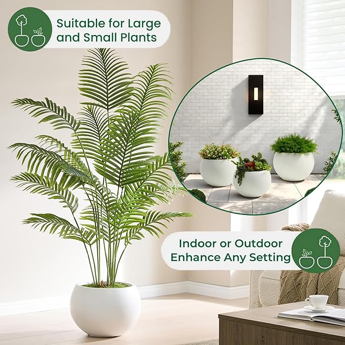 Fiberstone Sphere Planter, 15.8" Dia Round Flower Pot with Drainage Hole and Removable Plug, Plant Pot for Indoor Outdoor Use, 11.8" Opening-10.9" H Medium, White