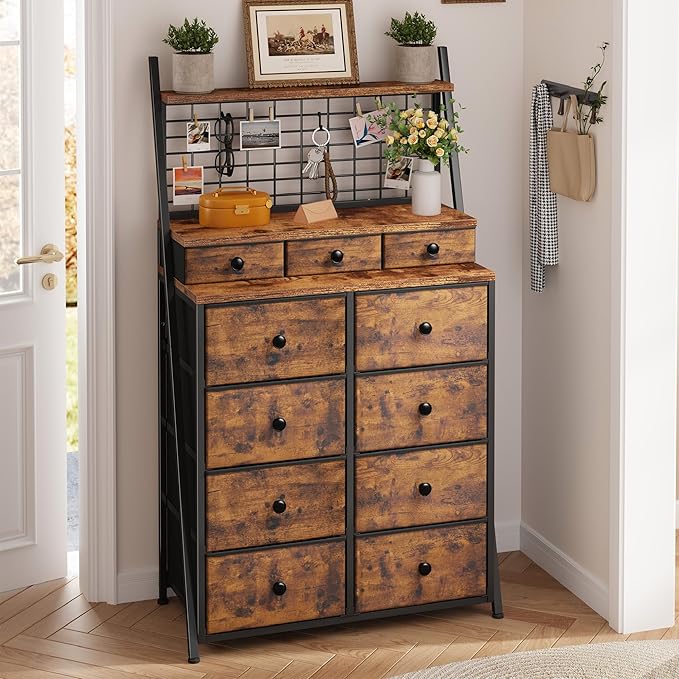 EnHomee 51" H Dresser for Bedroom with LED, 11 Drawer Dresser with Wire Grid Panels & Open Shelves for Entryway, Dorm, Rustic Brown, 11.8" D x 33.9" W x 51.2" H