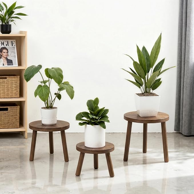 Delma Wood Plant Stands Indoor, 3-Pack Single Plant Stand for 7-10 Inch Pots, Mid-Century Modern Plant Stool, Tall Plant Stand for Large Plants for Living Room, Balcony, Office (Dark Brown, 3-Pack)