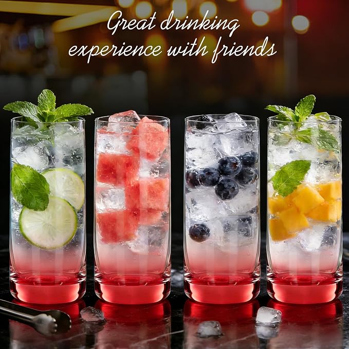 Red Highball Glasses Set of 6,13oz Red Drinking Glass Cups for Mixed Drink Cocktail, Beer, Mojito, Water and Juice,Thick Tall Crystal Glassware for Kitchen, Restaurant, Home Bar and Parties