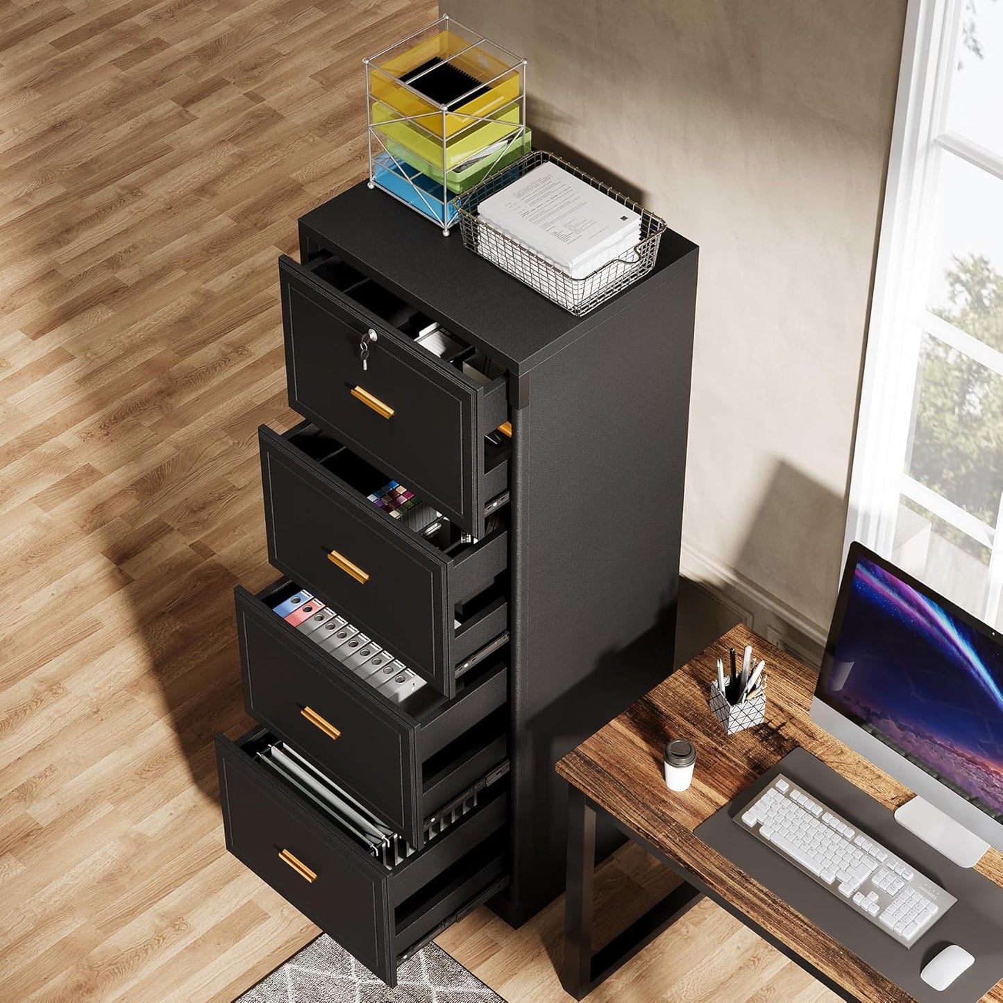 Tribesigns 4-Drawer File Cabinet - Lockable Wooden Filing Cabinet for Home Office | Black, Vertical Storage for Legal/Letter/A4 Files