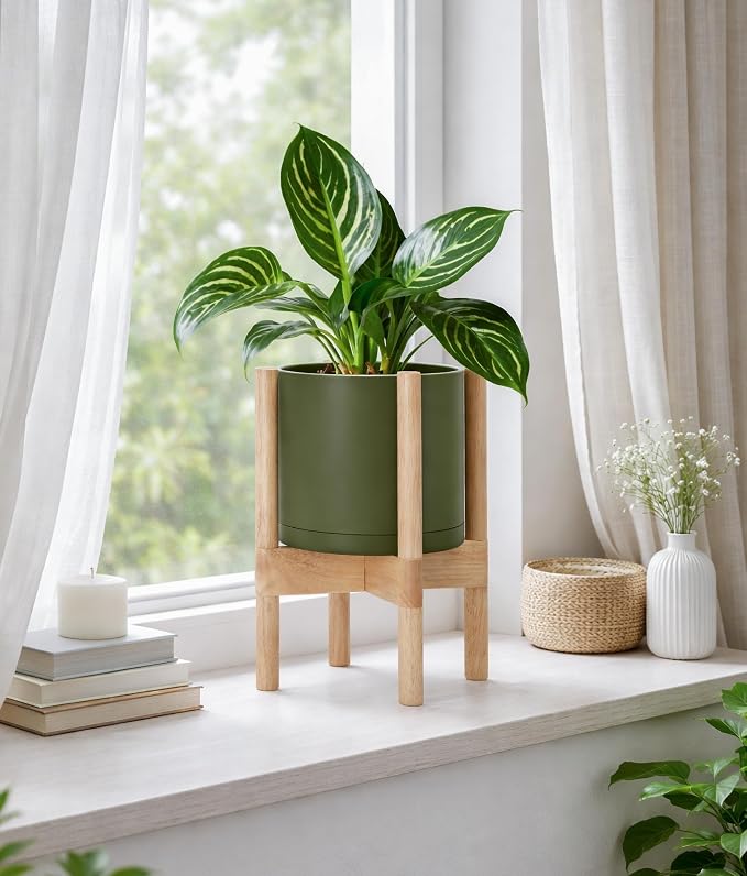 D'vine Dev Planter Pot with Stand - 8 Inch Plastic Cylinder Flower Pot with Wood Planter Holder for Indoor, Olive Pot + Natural Stand, 55-C-J-3