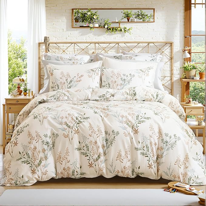 100% Cotton Duvet Cover Queen Size Ultra Soft Green Floral Comforter Cover with Luxurious Tan & Green Leaves on White, Reversible Lightweight Floral Duvet Cover Sets