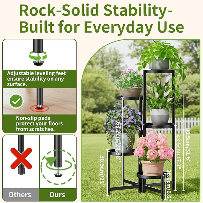 Tall Plant Stand Indoor Outdoor, Corner Metal Flower Pot Stands for Multiple Plants, 5 Tier Heavy Duty Plant Shelf for Patio Garden Balcony Living Room Bedroom - BlackDisk