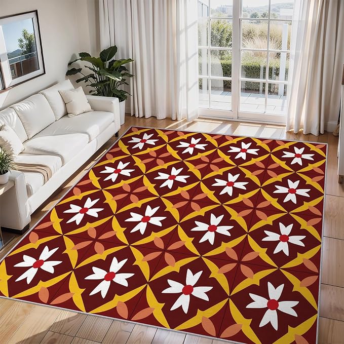 Geometric Flower Rugs for Home Decor, 8x10 ft, Mid Century Modern Area Rugs for Living Room, Soft Non Slip Washable Retro Floral Carpet Bedroom Decorations Dt-Ghf-69