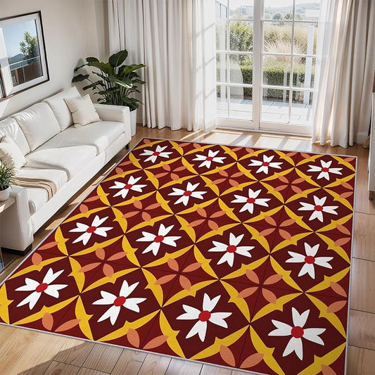 Geometric Flower Rugs for Home Decor, 8x10 ft, Mid Century Modern Area Rugs for Living Room, Soft Non Slip Washable Retro Floral Carpet Bedroom Decorations Dt-Ghf-69