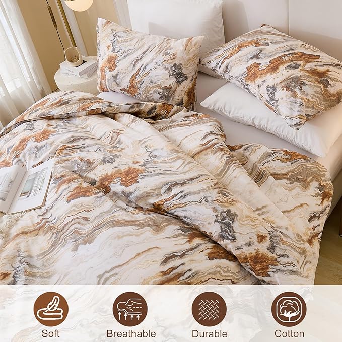 100% Cotton Comforter Set Queen Size 3 Pcs Taupe Marble Bedding Modern Simple Abstract Theme Soft Breathable
