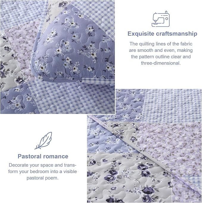 Dinjoy Floral Plaid Patchwork Quilt Set King Size, Reversible Lavender Bedding Set Soft Microfiber Lightweight Bedspread Coverlet 3 Piece Fall Autumn Summer Use (110x90 inches)