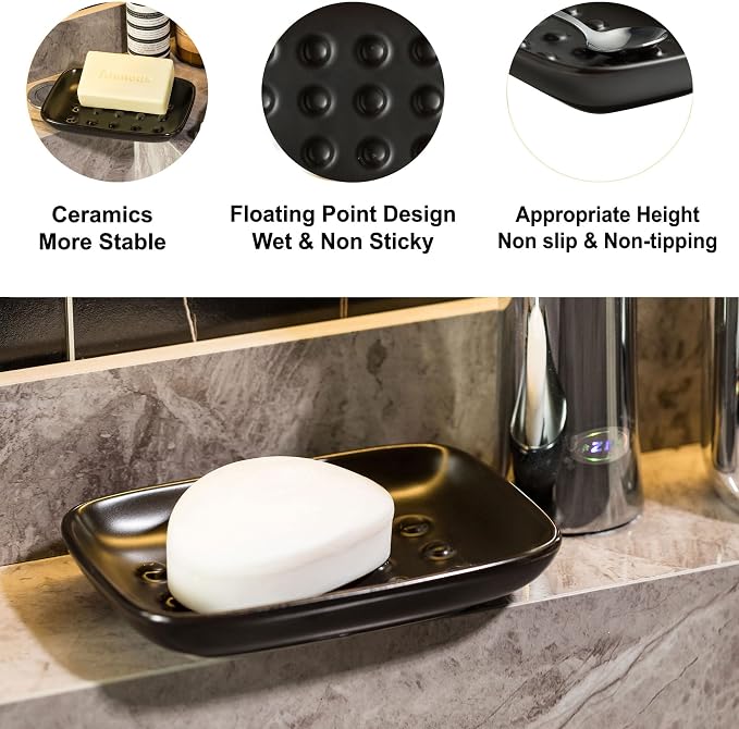 Miamolo Soap Dish, Ceramic Soap Holder Shower Soap Dish for Bar Soap Sponge, Soap Saver Tray for Bathroom Kitchen Sink, Black