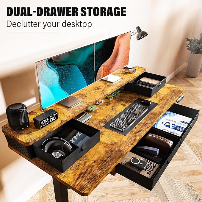 Electric Standing Desk with 4 Drawers 55''x 24'' Adjustable Height Sit to Stand Up Desk with Storage Shelf, C-Clamp Mount Compatible Black Home Office Desks Computer Gaming Table Ergonomic Workstation