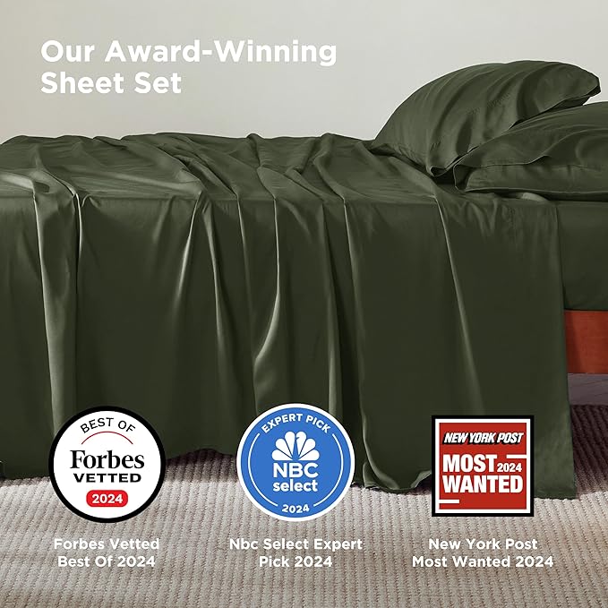 Bedsure Queen Sheet Set, Rayon Derived from Bamboo, Cooling Sheets, Breathable & Soft, Deep Pocket Up to 16 Inches, Hotel Luxury Silky Bedding for Hot Sleepers, Olive Green