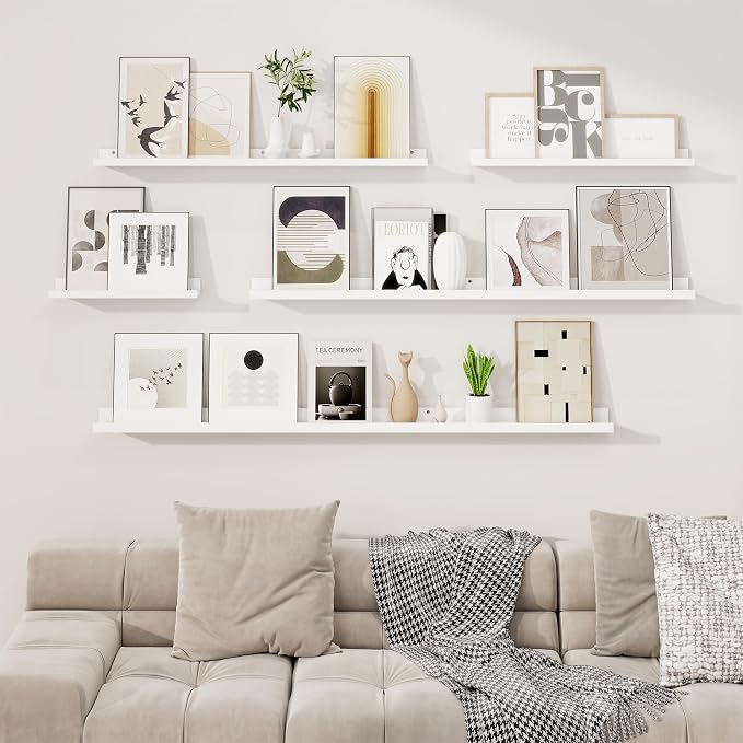 RICHFOCUS Picture Ledge Shelf, 16 inch Floating Shelves Set of 2, Wood Wall Shelves with Lip, Wall Decor Storage for Bedroom Living Room Bathroom Kitchen Nursery Photo Picture, White