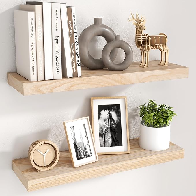 fuqing Natural Wood Floating Shelves | 24 Inch Floating Shelves for Wall Set of 2 | 24" W x 6.7" D x 1.4" H Natural Wooden Shelves for Bathroom Living Room Bedroom Kitchen