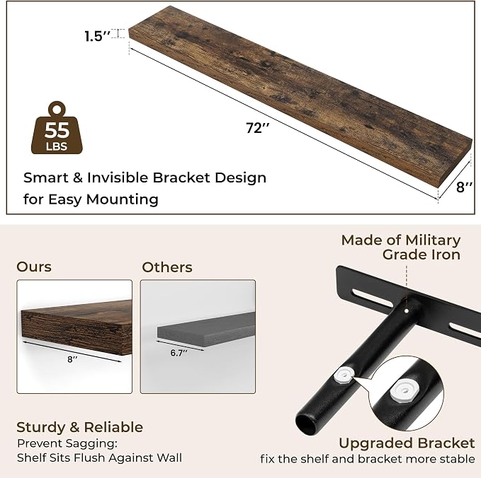 RICHFOCUS 72Inch Floating Shelves for Wall 1 Pack Shelves for Bedroom|Kitchen|Bathroom Wall Mounted Rustic Wood Floating Shelf with Invisible Brackets for Books|Storage|Decor, Rustic Brown