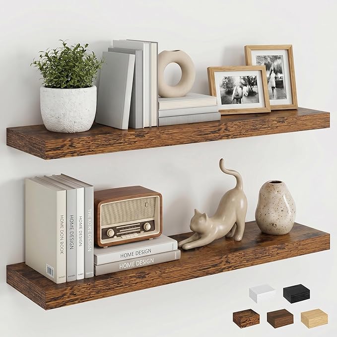 Dreamland Floating Shelves for Wall, 27.5 Inch Long Shelves, Wall Decor for Bedroom, Kitchen, Living Room & Book Storage, Mounted Floating Shelf with Invisible Brackets, Set of 2, Rustic Brown