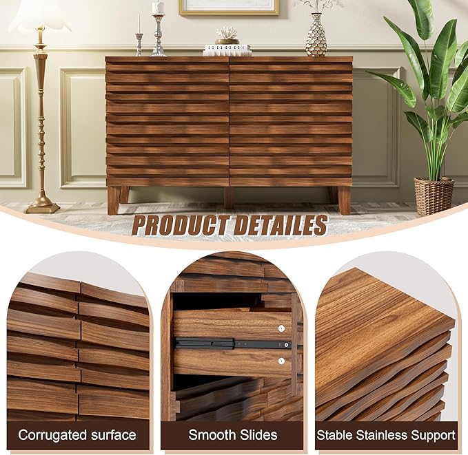 UEV Solid Wood Face 6 Drawer Dresser,Mid Century Modern Dresser with Chest,Flutted Chest of Drawers with Moire Patten for Bedroom, Living Room (Natural Wood)