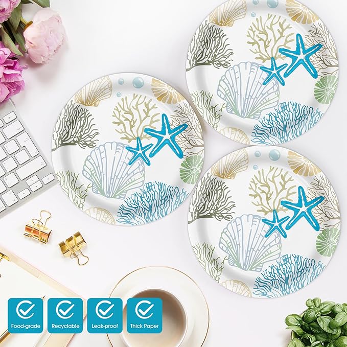 40 Pcs Ocean Seashell Plates and Napkins Party Supplies, Coastal Beach Paper Plates Napkins Starfish Coral Disposable Tableware Set for Summer Birthday Baby Shower Beach Party Decorations (Ocean)
