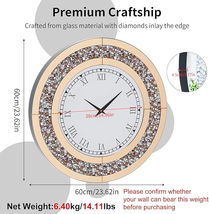 Crushed Diamond Wall Clock Round Decorative Mirrored Clock 24 inch Brown