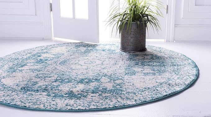 Unique Loom Bromley Collection Area Rug - Wells (5' 1" Round, Turquoise/ Ivory)