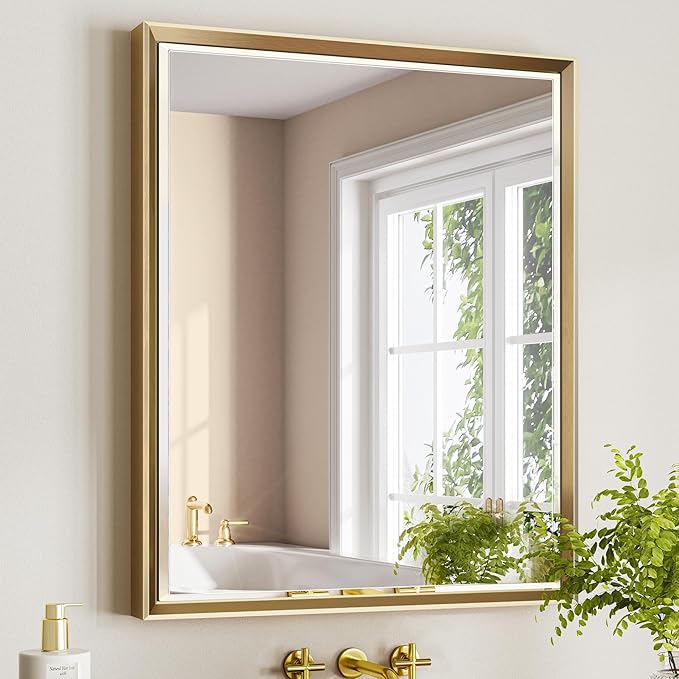 Gold Bathroom Mirror, 30x36 Brushed Gold Bathroom Mirror Beveled Edge, Gold Framed Rectangle Bathroom Vanity Mirror, Anti-Rust Brushed Brass Metal Frame Wall Mirror Vertical/Horizontal