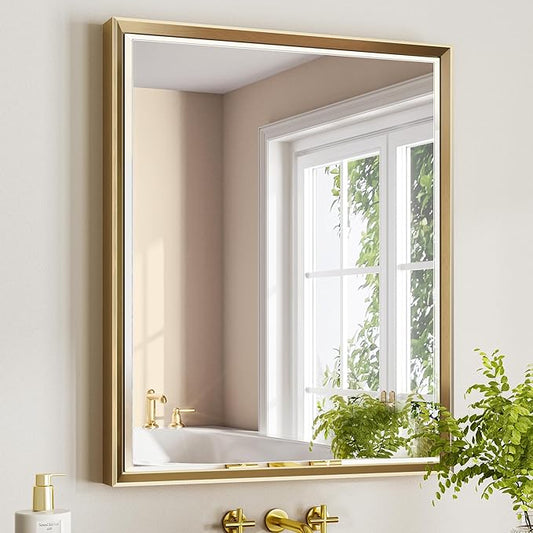 Gold Bathroom Mirror, 30x36 Brushed Gold Bathroom Mirror Beveled Edge, Gold Framed Rectangle Bathroom Vanity Mirror, Anti-Rust Brushed Brass Metal Frame Wall Mirror Vertical/Horizontal