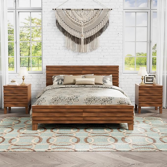 UEV Solid Wood Nightstand, 19.7" W Boho Nightstand with 2 Drawers, Fluted Wood Night Stand, Mid Century Modern Bed Side Table for Bedroom,Living Room, Natural Wood