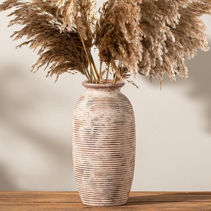 Ceramic Rustic Flower Vase, Large Farmhouse Vases Home Decor, 12.5" Tall Pottery Decorative Pampas Vase for Table Living Room Entryway Mantel Bookshelf Bedroom Bathroom Kitchen