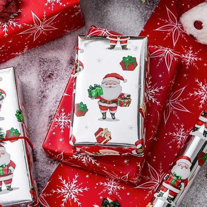 MAYPLUSS Christmas Wrapping Paper Roll - 17IN X 33FT - Gift Wrapping Paper Featuring Santa Claus Snowflake Against Red for Kids, Holiday, New Year