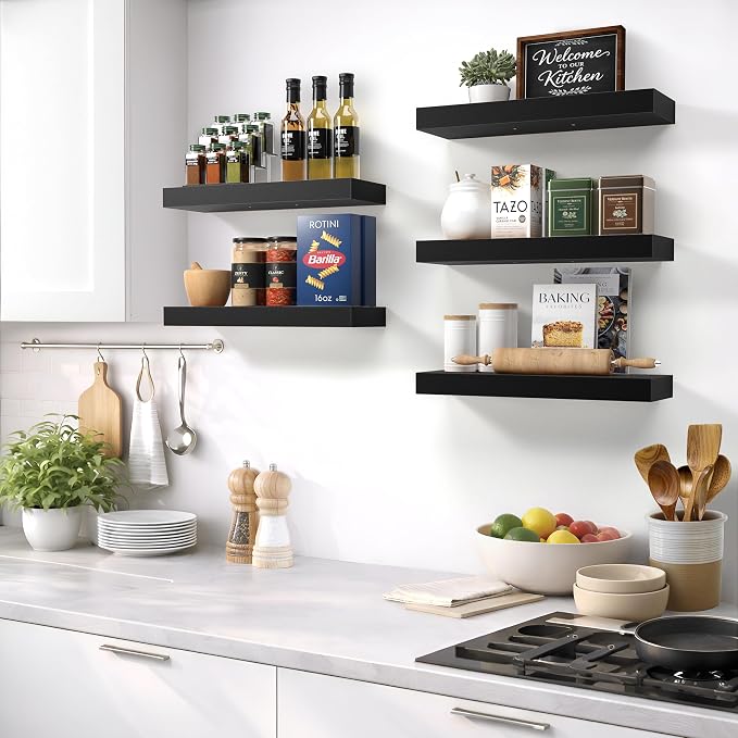 Sorbus Floating Shelves for Wall – 16 Inch Floating Shelf for Kitchen, Bedroom, Living Room, Bathroom, Home & Wall Decor - Mounted Bathroom Shelves with Invisible Brackets (Black, 2 Pack)