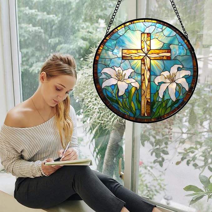 Christian Gifts for Women - Cross Stained Glass Window Hanging Jesus Easter White Lily Flower Sun Catcher Garden Religion Decor Mother's Day Catholic Gift for Men Grandma Mom Her Nana 7.8"