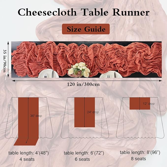 Booque Valley Fall Table Runner 3 Pack Terracotta Cheesecloth 10ft Soft Boho Wrinkled Decorative Gauze Sheer for Autumn Thanksgiving Holiday Party Centerpiece Decoration Table Decor, 35x120 Inch