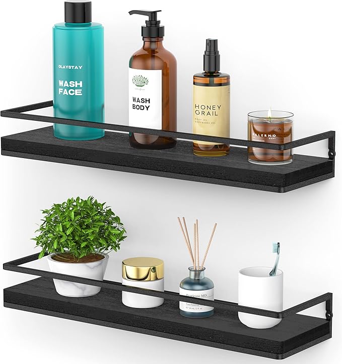 Meangood Floating Shelves Wall Mounted Set of 2, Rustic Wood Wall Storage Shelves for Bedroom,Living Room,Bathroom, Kitchen (Black)