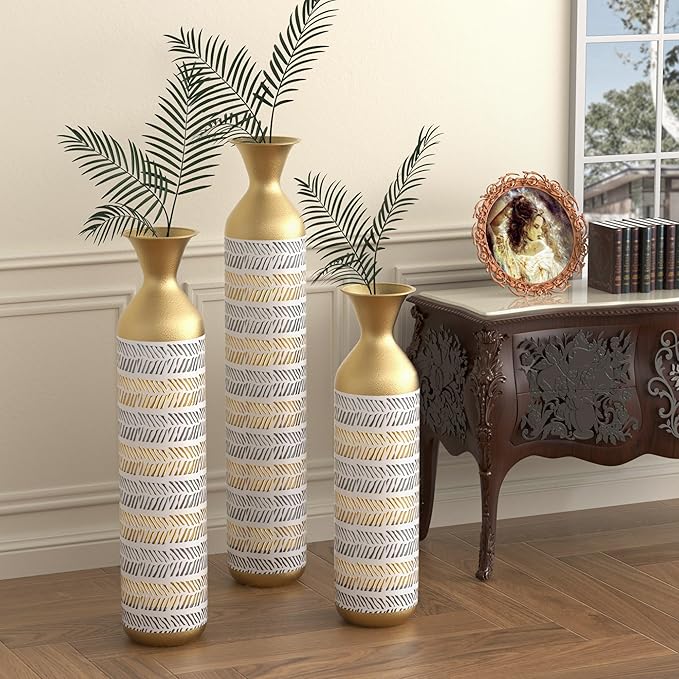 Tall Floor Vase Set of 3 - Large Vintage Modern Oversized Metal Vases for Decor Living Room, Gold Decorative for Corner Hallway