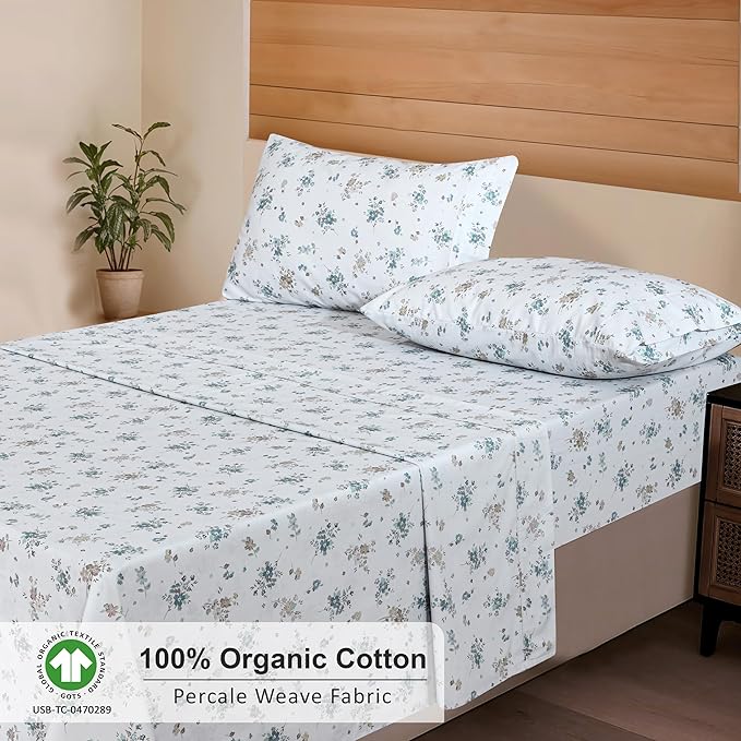 RUVANTI 100% Organic Cotton Sheets Full Size, Percale Weave, GOTS Certified, 4-Piece Set, Deep Pocket 15", Crisp & Breathable, Soft Durable Bedding, Sábanas Algodón Orgánico – Halcyon