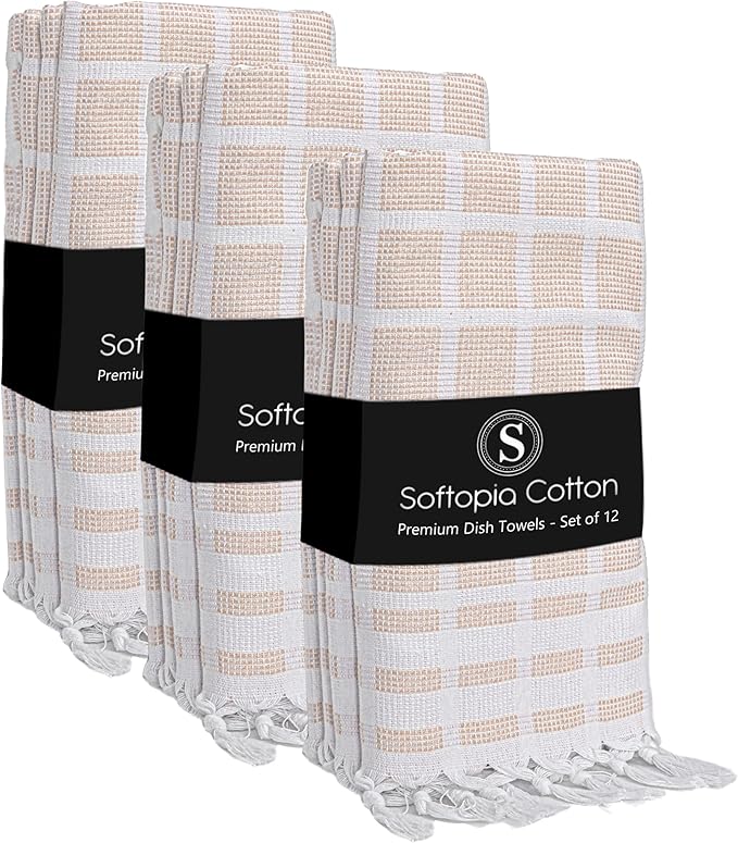 Matrix Dobby Kitchen Towels 12 Pack 100% Cotton, 16"x26", Handmade Knotted Tassel Dish Towels, Reusable & Washable Cloths for Drying, Absorbent Tea Towel for Cleaning - Beige, White