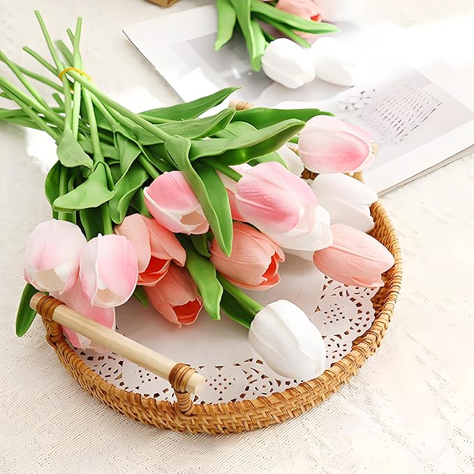 Pink 10 Pcs Artificial Tulip Silk Fake Flowers 13" for Home Office Wedding Decor Arrangement Bouquet Faux Flowers for Decoration