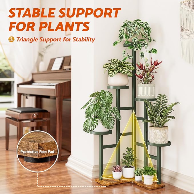 5 Tiered Plant Stand Indoor with 7.1 Inch Wide Tray, Corner Metal Stand Plant Outdoor Flower Holder Stand, Wood Tall Rack for Display Shelf for Patio Porch Office - GreenDisk