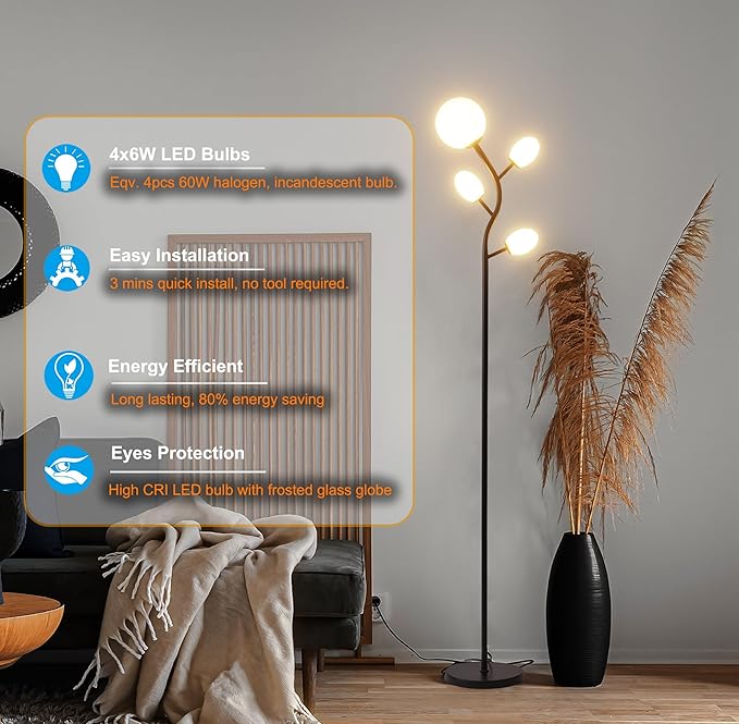 Fiqevs 4 Globe Floor Lamp for Living Room, Mid Century Modern Standing Lamp with 2700K LED Bulbs, Frosted Glass Shade Tall Lamp for Bedroom, Matt Black