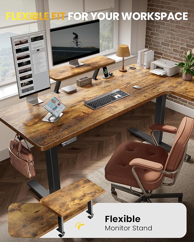 L-Shaped Standing Desk - 63 Inch Adjustable Corner Standing Desk with Flexible Monitor Stand, Electric Sit Stand Computer Table with Memory Controller for Home Office