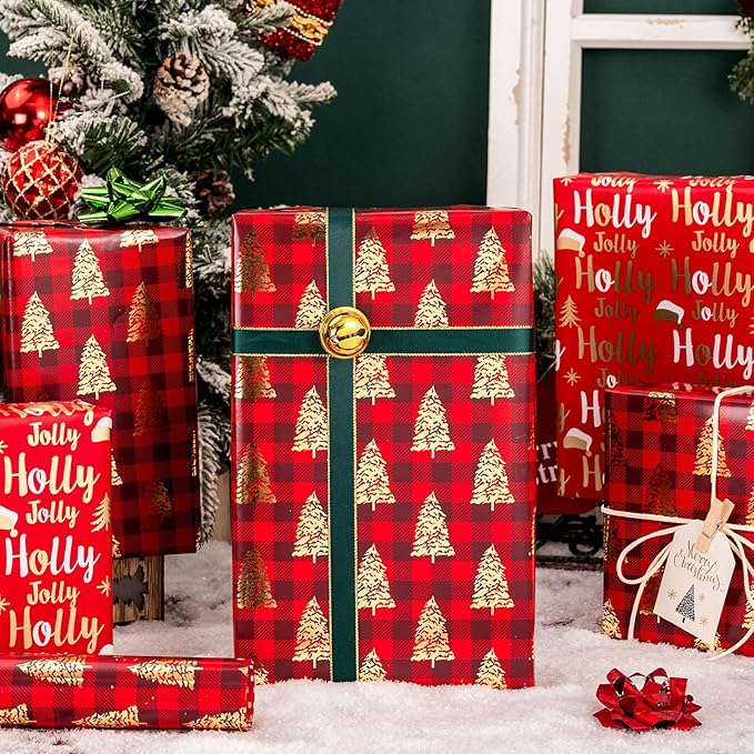 MAYPLUSS Christmas Wrapping Paper Roll, Red Plaid Wrapping Paper, Classic Red Christmas Tree and Plaid Gift Wrap with Metallic Foil Shine for Holiday Gift Packaging (17 Inch X 16.5 Feet)