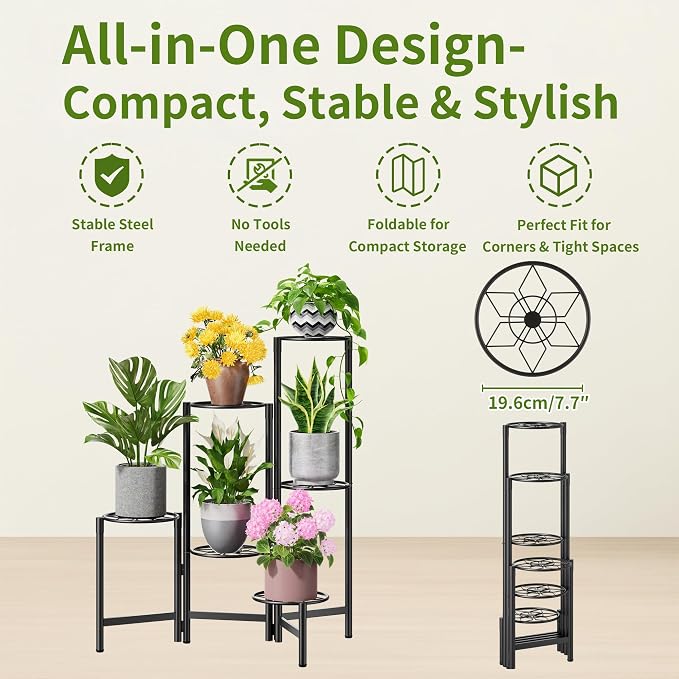 6 Tier Metal Plant Stands Outdoor Indoor, Heavy Duty Flower Pot Holder Potted Display Rack Shelf, Tall Corner Plant Shelf for Patio Garden Balcony Living Room Bedroom -BlackDiamond