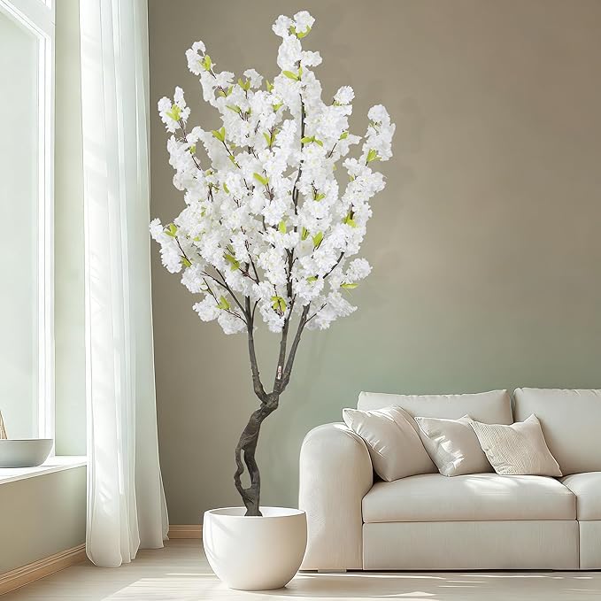 6.23ft Tall White Artificial Cherry Blossom Trees, Realistic Flower Faux Silk Leaves Plant, Fake Cherry Blossom Tree for Home Office Indoor Outdoor Party Wedding Christmas Decor